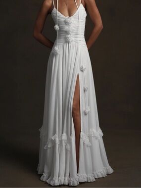 V. Chapman Persephone White Strappy Maxi Dress with Floral Details
